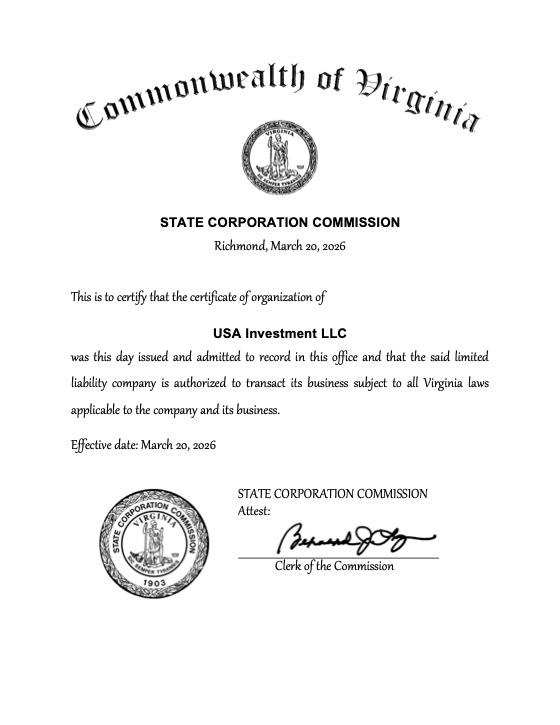 Certificate of Organization belgesinin taranmış hali
