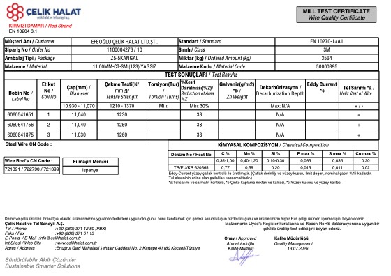 Ø 11,00 mm belgesinin taranmış hali
